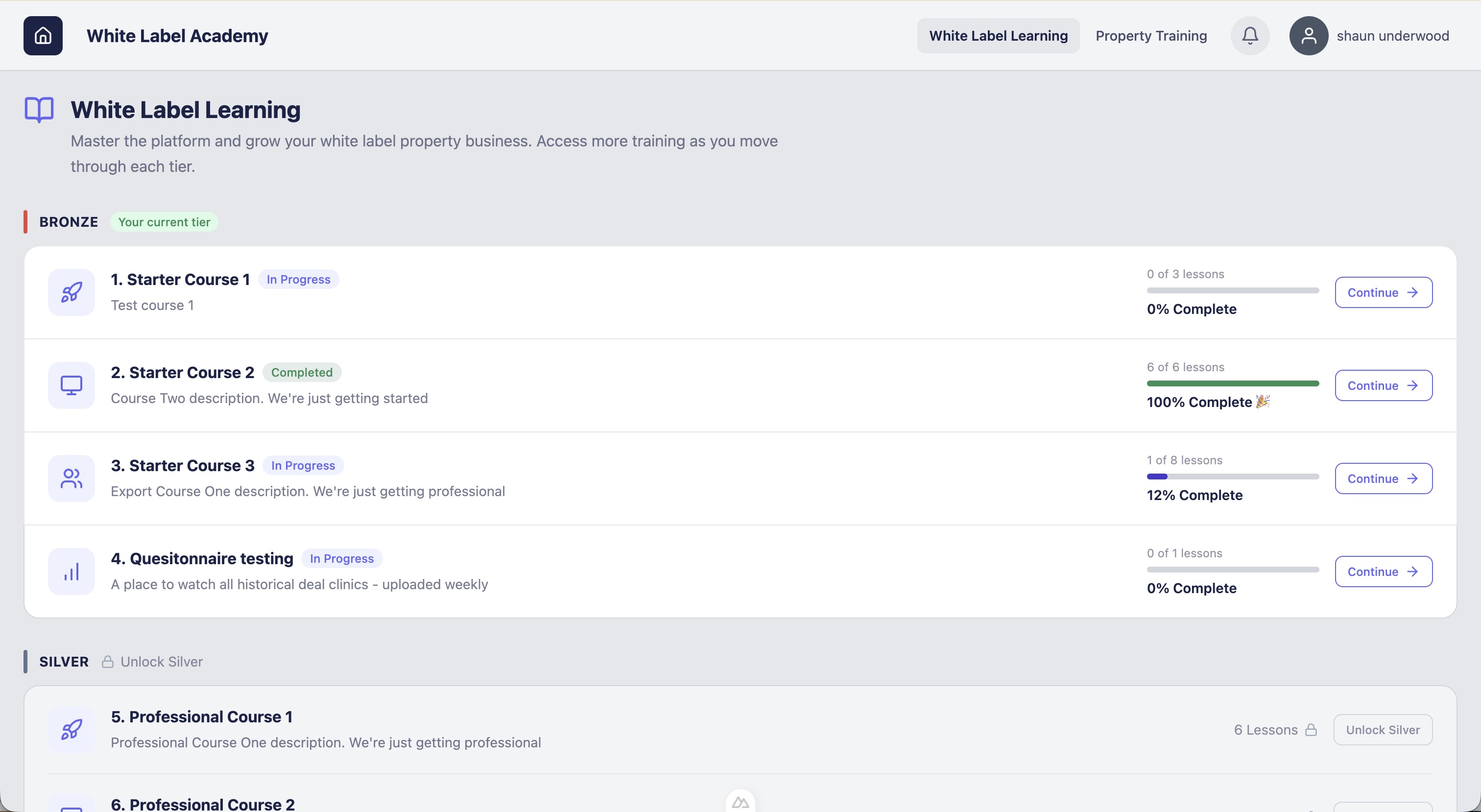 Academy student courses with subscription tiers and completion progress