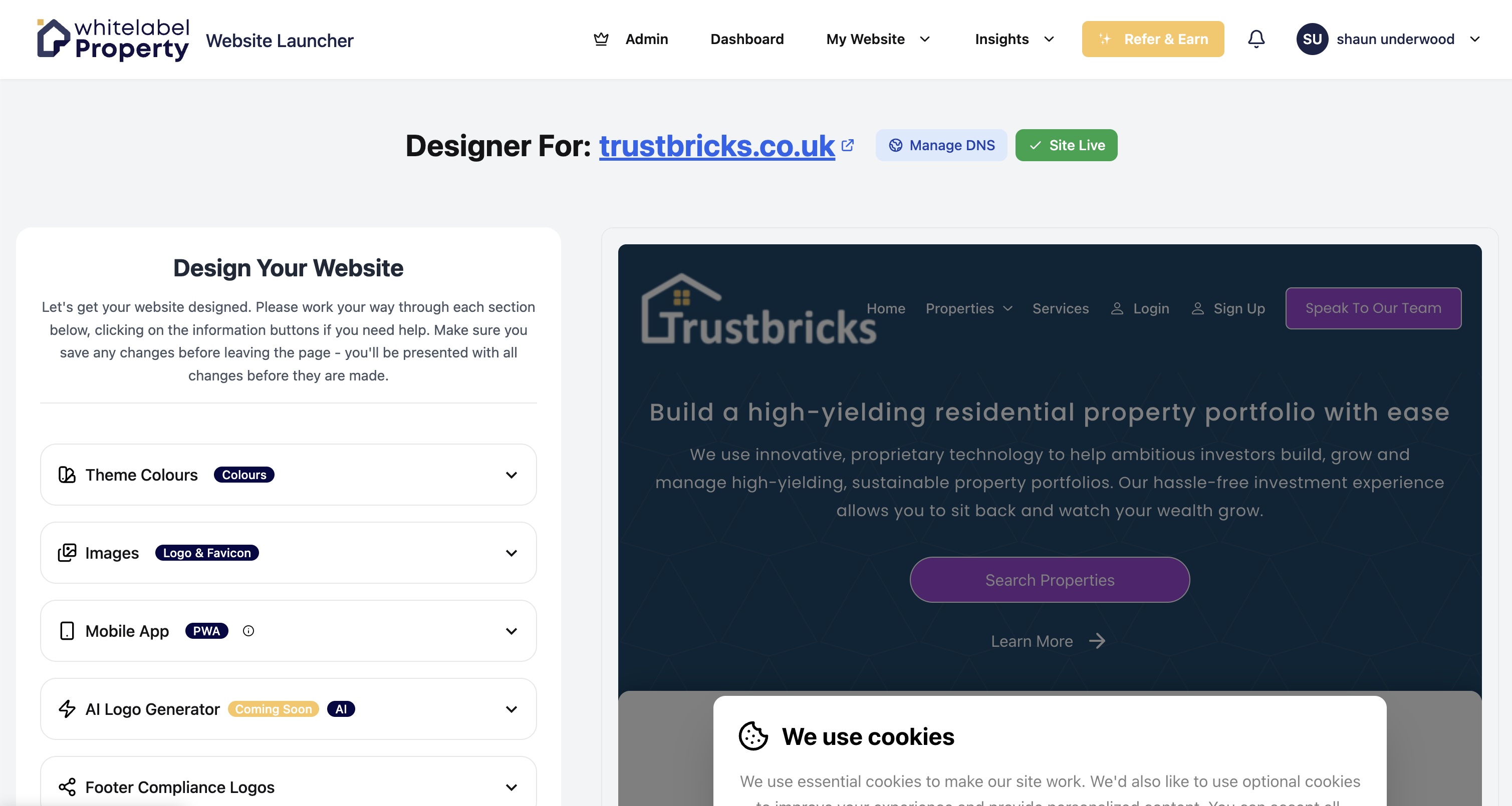 White Label Property website designer with brand settings and a website preview